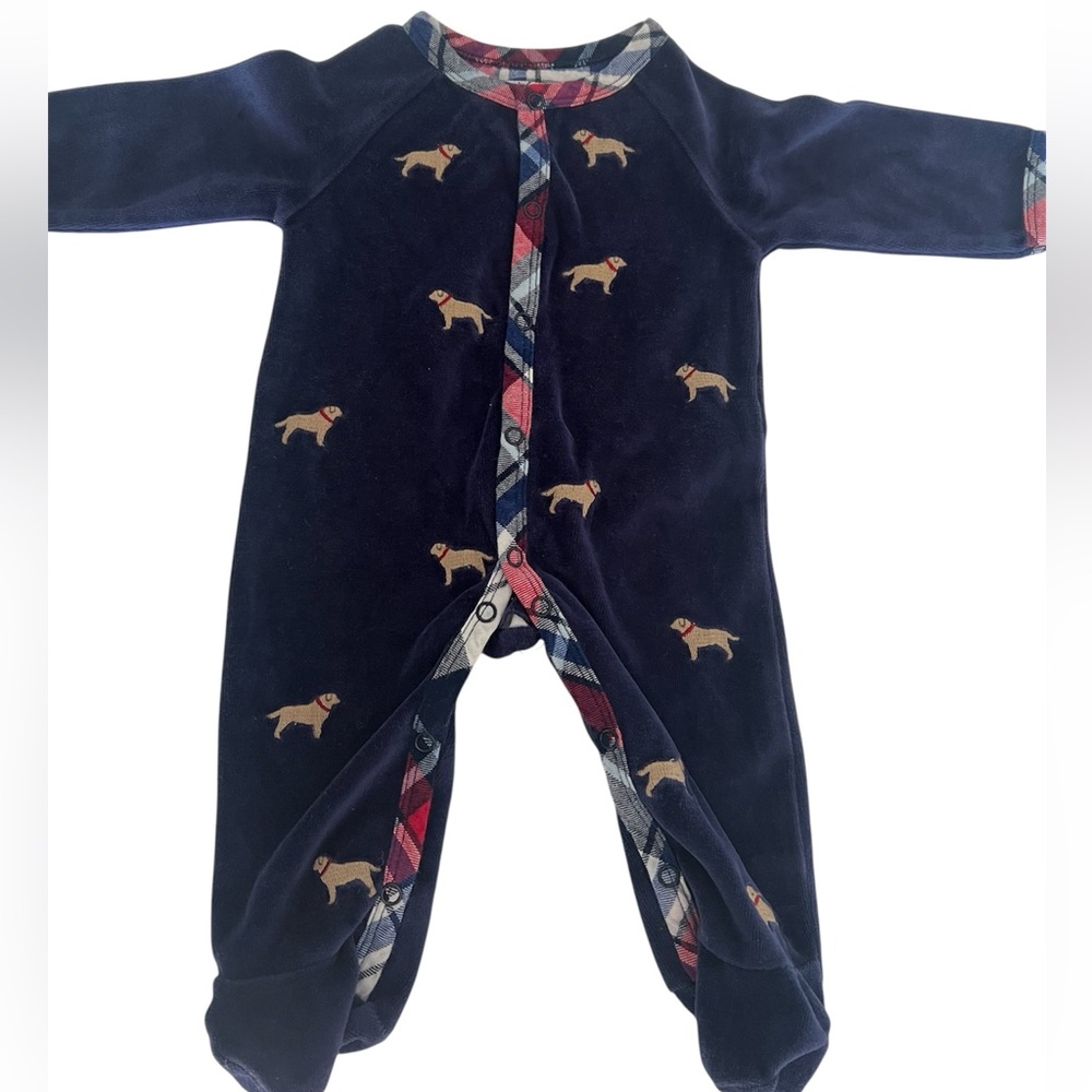 Mud Pie Baby Navy Blue Velour Dog Print Button One Piece Onesie 0-3 Months